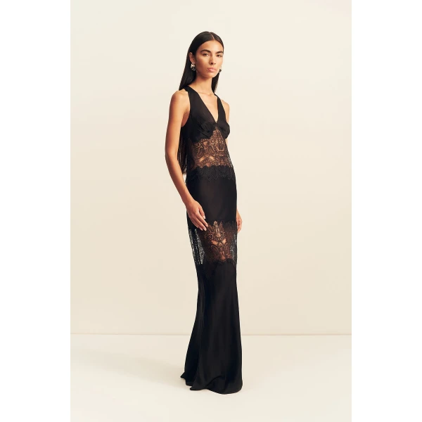 Shona Joy Jamila Plunged Lace Panelled Maxi Dress - Black - Dresses - Australian Luxury Eventwear at Coveti