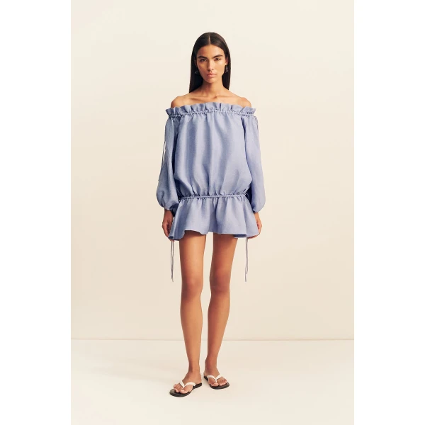 Shona Joy Marlowe Linen Blend Off Shoulder Mini Dress - Chambray - Dresses - Australian Luxury Eventwear at Coveti