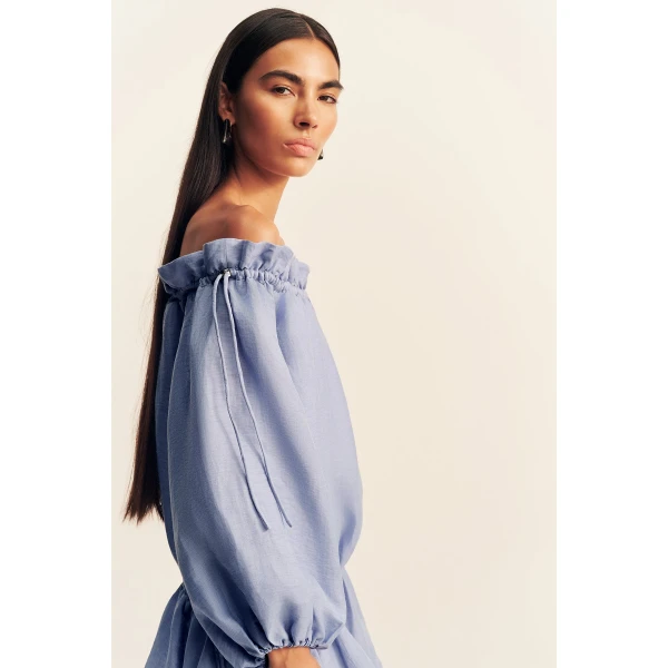 Shona Joy Marlowe Linen Blend Off Shoulder Mini Dress - Chambray - Dresses - Australian Luxury Eventwear at Coveti