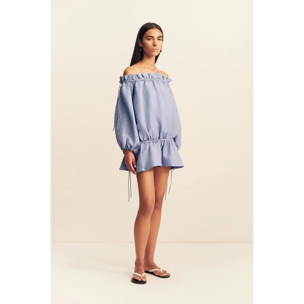 Shona Joy Marlowe Linen Blend Off Shoulder Mini Dress - Chambray - Dresses - Australian Luxury Eventwear at Coveti