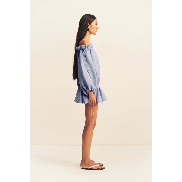 Shona Joy Marlowe Linen Blend Off Shoulder Mini Dress - Chambray - Dresses - Australian Luxury Eventwear at Coveti