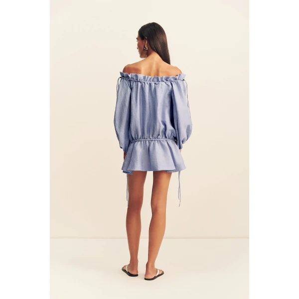 Shona Joy Marlowe Linen Blend Off Shoulder Mini Dress - Chambray - Dresses - Australian Luxury Eventwear at Coveti