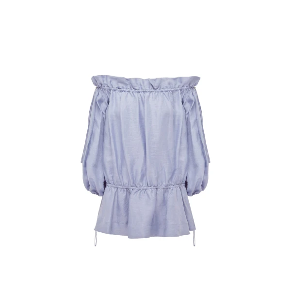 Shona Joy Marlowe Linen Blend Off Shoulder Mini Dress - Chambray - Dresses - Australian Luxury Eventwear at Coveti