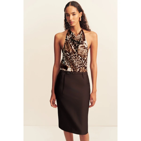Shona Joy Otis Belted Midi Skirt - Ristretto - Skirts - Australian Luxury Eventwear at Coveti
