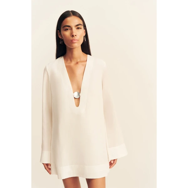 Shona Joy Paloma Plunged Long Sleeve Mini Dress - Ivory - Dresses - Australian Luxury Eventwear at Coveti