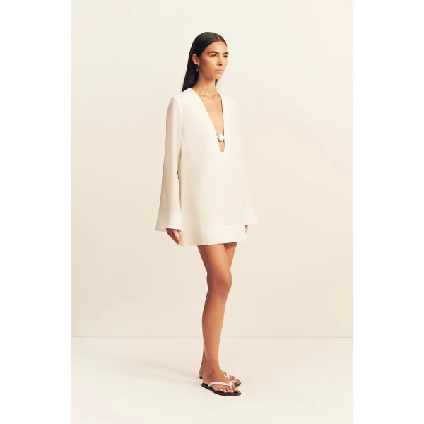 Shona Joy Paloma Plunged Long Sleeve Mini Dress - Ivory - Dresses - Australian Luxury Eventwear at Coveti