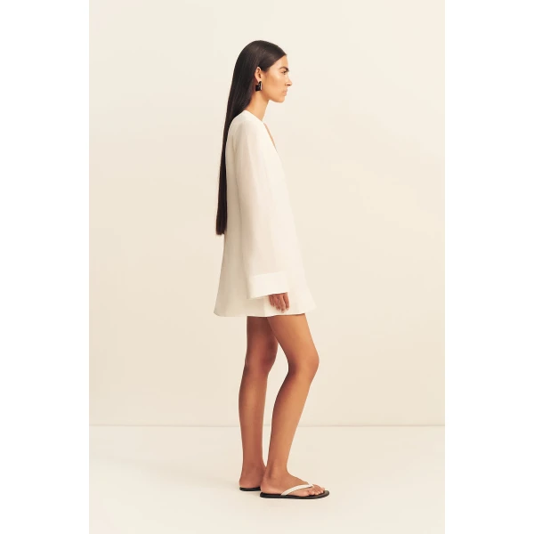 Shona Joy Paloma Plunged Long Sleeve Mini Dress - Ivory - Dresses - Australian Luxury Eventwear at Coveti