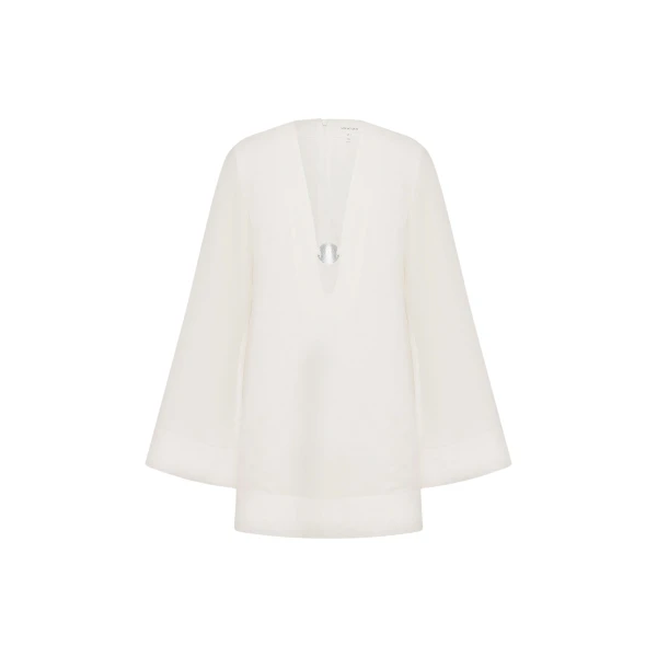 Shona Joy Paloma Plunged Long Sleeve Mini Dress - Ivory - Dresses - Australian Luxury Eventwear at Coveti
