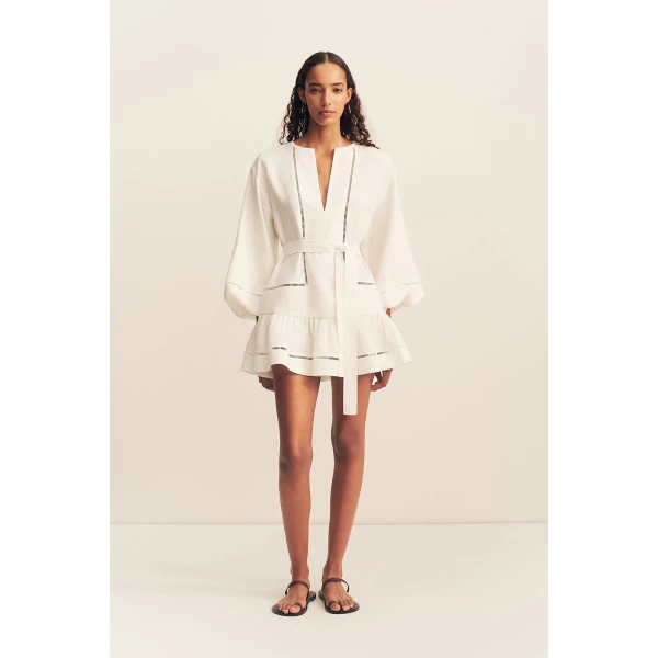 Shona Joy Tommy Linen Balloon Sleeve Mini Dress - Ivory - Dresses - Australian Luxury Eventwear at Coveti