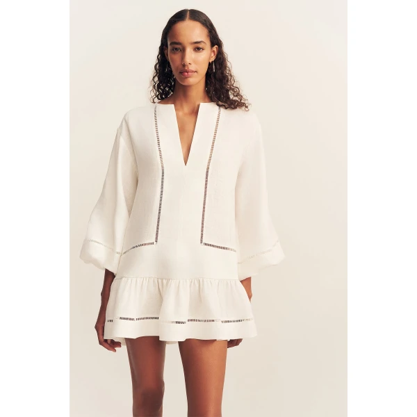 Shona Joy Tommy Linen Balloon Sleeve Mini Dress - Ivory - Dresses - Australian Luxury Eventwear at Coveti