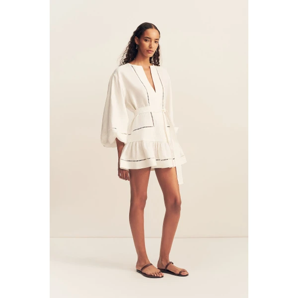 Shona Joy Tommy Linen Balloon Sleeve Mini Dress - Ivory - Dresses - Australian Luxury Eventwear at Coveti
