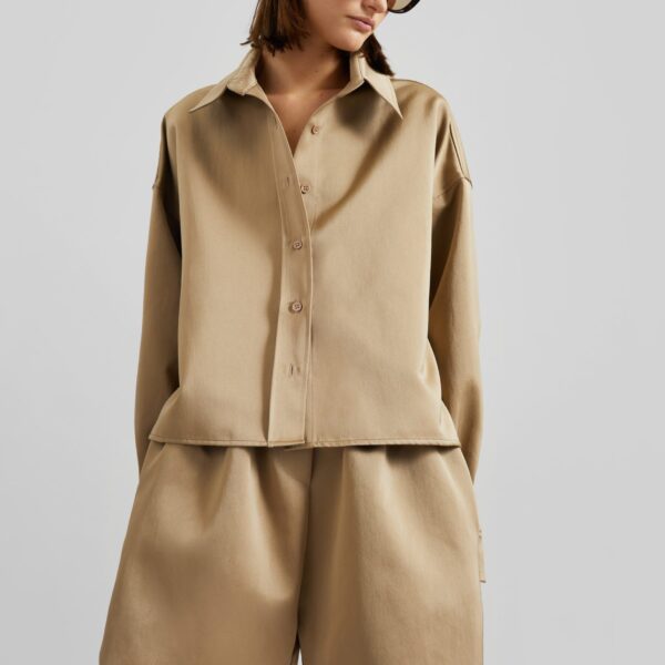 The Frankie Shop Adia Satin Boxer Shorts - Beige - Oversized Minimalist Shorts in Beige - Shop at Coveti