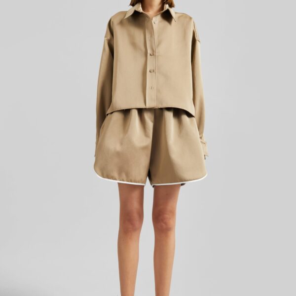 The Frankie Shop Adia Satin Boxer Shorts - Beige - Oversized Minimalist Shorts in Beige - Shop at Coveti