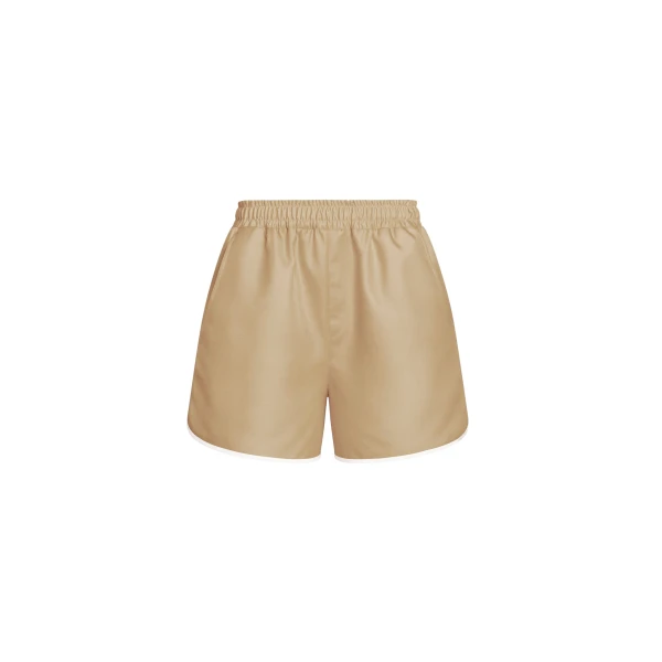The Frankie Shop Adia Satin Boxer Shorts - Beige - Oversized Minimalist Shorts in Beige - Shop at Coveti