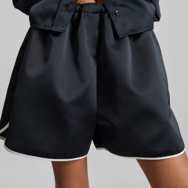 The Frankie Shop Adia Satin Boxer Shorts - Black - Oversized Minimalist Shorts in Black - Shop at Coveti