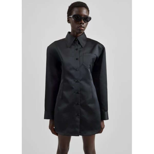 The Frankie Shop Akita Satin Cinched Shirt Dress – Black, view 2