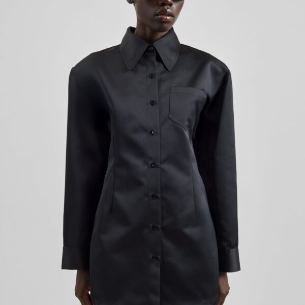 The Frankie Shop Akita Satin Cinched Shirt Dress - Black - Oversized Minimalist Dresses in Black - Shop at Coveti