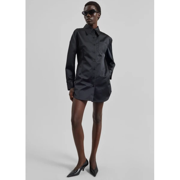 The Frankie Shop Akita Satin Cinched Shirt Dress – Black, view 4