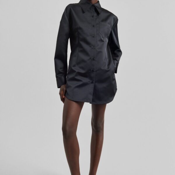 The Frankie Shop Akita Satin Cinched Shirt Dress - Black - Oversized Minimalist Dresses in Black - Shop at Coveti