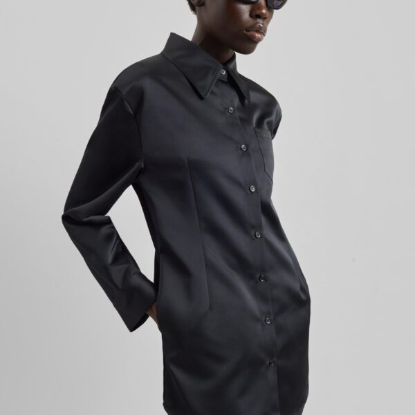 The Frankie Shop Akita Satin Cinched Shirt Dress - Black - Oversized Minimalist Dresses in Black - Shop at Coveti