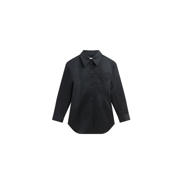 The Frankie Shop Akita Satin Cinched Shirt Dress - Black - Oversized Minimalist Dresses in Black - Shop at Coveti