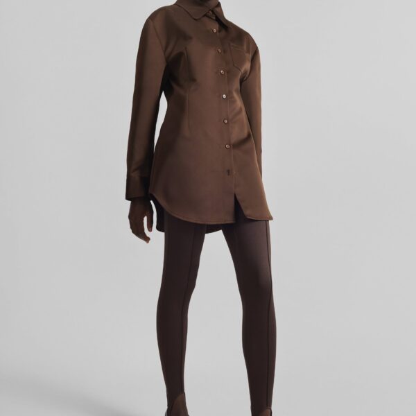 The Frankie Shop Akita Satin Cinched Shirt Dress - Brown - Oversized Minimalist Dresses in Beige - Shop at Coveti