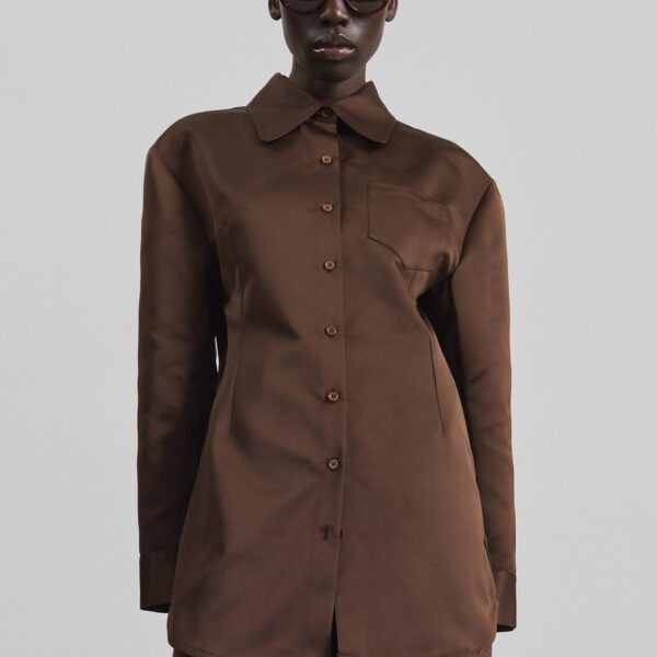 The Frankie Shop Akita Satin Cinched Shirt Dress - Brown - Oversized Minimalist Dresses in Beige - Shop at Coveti