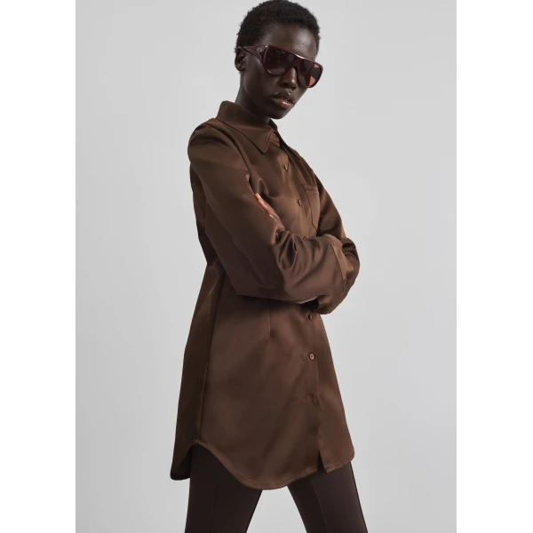 The Frankie Shop Akita Satin Cinched Shirt Dress – Brown, view 4