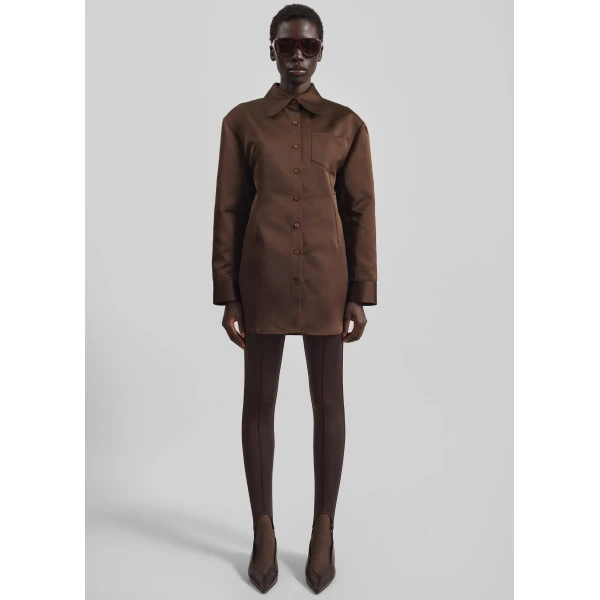 The Frankie Shop Akita Satin Cinched Shirt Dress – Brown, view 5