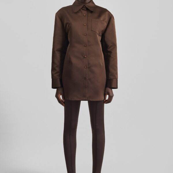 The Frankie Shop Akita Satin Cinched Shirt Dress - Brown - Oversized Minimalist Dresses in Beige - Shop at Coveti