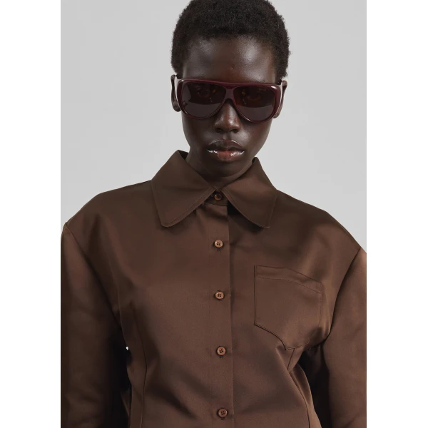 The Frankie Shop Akita Satin Cinched Shirt Dress – Brown, view 6