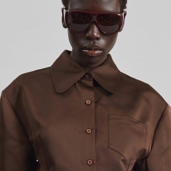 The Frankie Shop Akita Satin Cinched Shirt Dress - Brown - Oversized Minimalist Dresses in Beige - Shop at Coveti