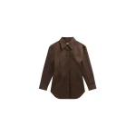 The Frankie Shop Akita Satin Cinched Shirt Dress - Brown - Oversized Minimalist Dresses in Beige - Shop at Coveti