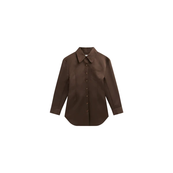 The Frankie Shop Akita Satin Cinched Shirt Dress - Brown - Oversized Minimalist Dresses in Beige - Shop at Coveti