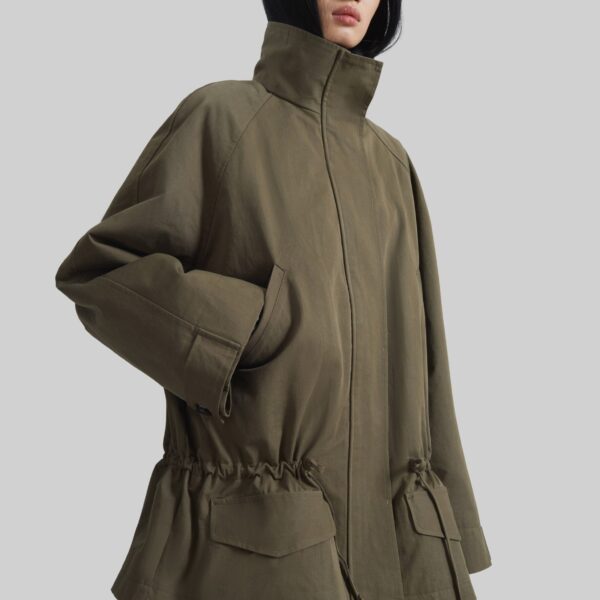 The Frankie Shop Alesie Drawstring Jacket - Olive Brown - Oversized Minimalist Jackets in Beige - Shop at Coveti