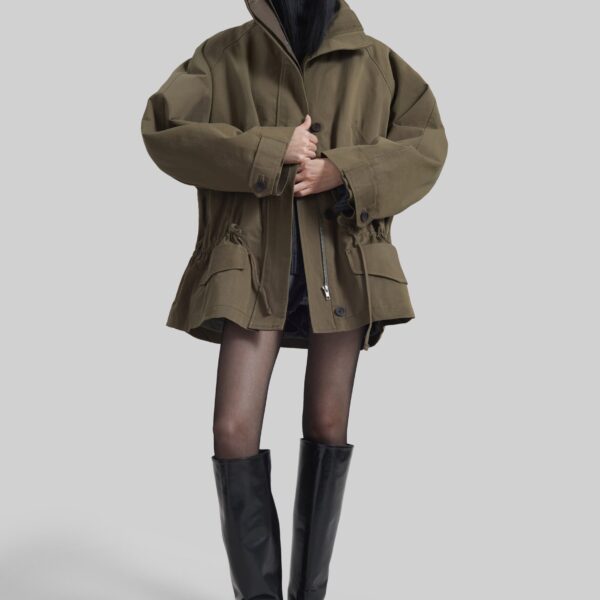 The Frankie Shop Alesie Drawstring Jacket - Olive Brown - Oversized Minimalist Jackets in Beige - Shop at Coveti