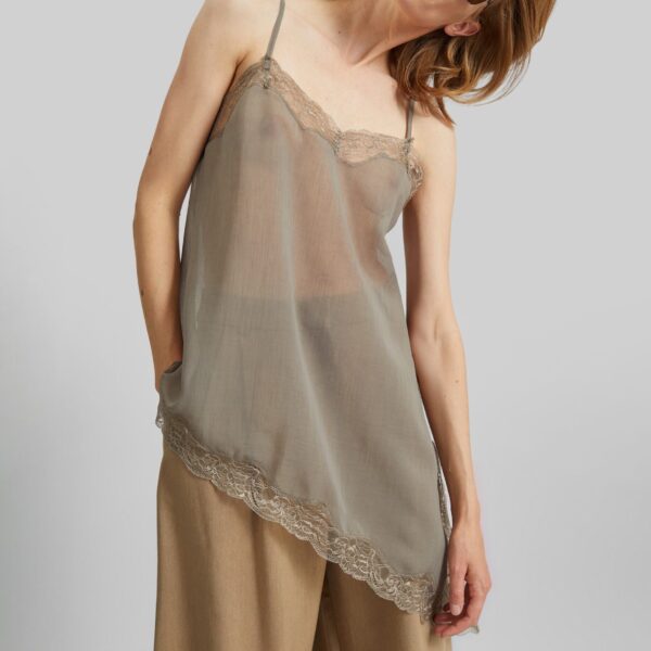 The Frankie Shop Alessia Sheer Lace Top - Taupe - Oversized Minimalist Tops in Beige - Shop at Coveti