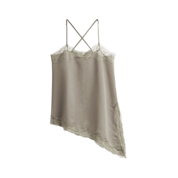 The Frankie Shop Alessia Sheer Lace Top - Taupe - Oversized Minimalist Tops in Beige - Shop at Coveti