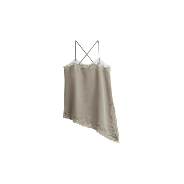The Frankie Shop Alessia Sheer Lace Top - Taupe - Oversized Minimalist Tops in Beige - Shop at Coveti