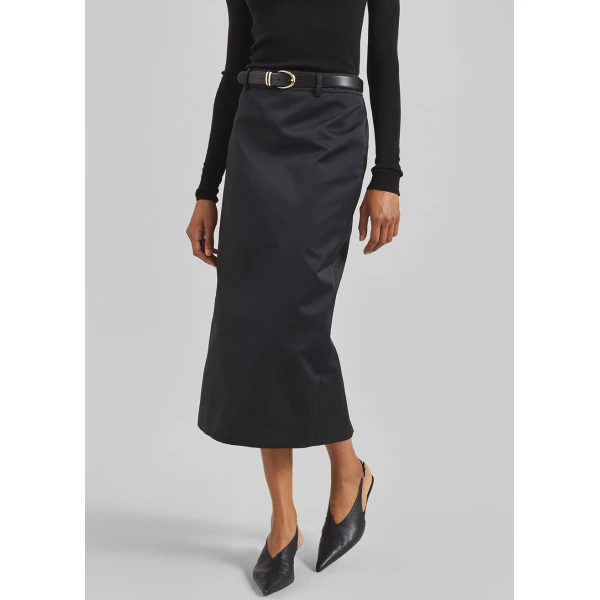 The Frankie Shop Alrose Satin Midi Skirt - Black - Oversized Minimalist Skirts in Black - Shop at Coveti