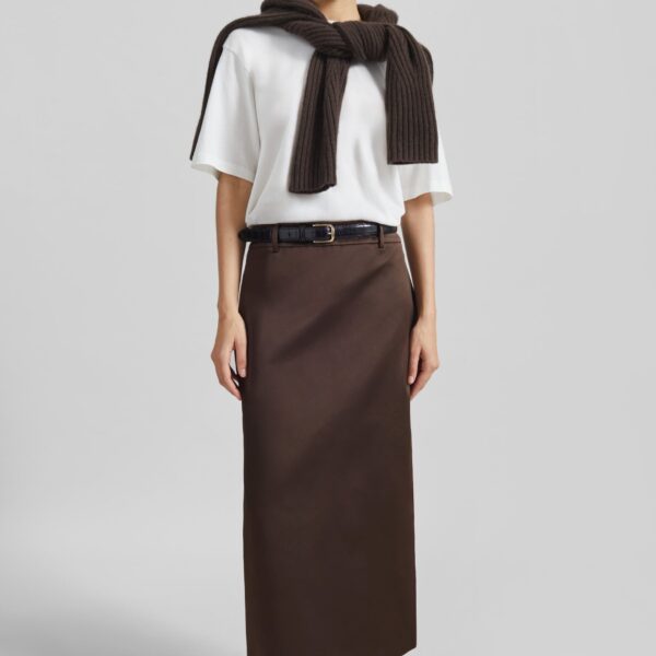 The Frankie Shop Alrose Satin Midi Skirt - Brown - Oversized Minimalist Skirts in Beige - Shop at Coveti