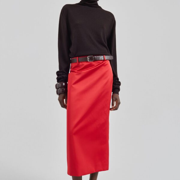 The Frankie Shop Alrose Satin Midi Skirt - Red - Oversized Minimalist Skirts in Red - Shop at Coveti