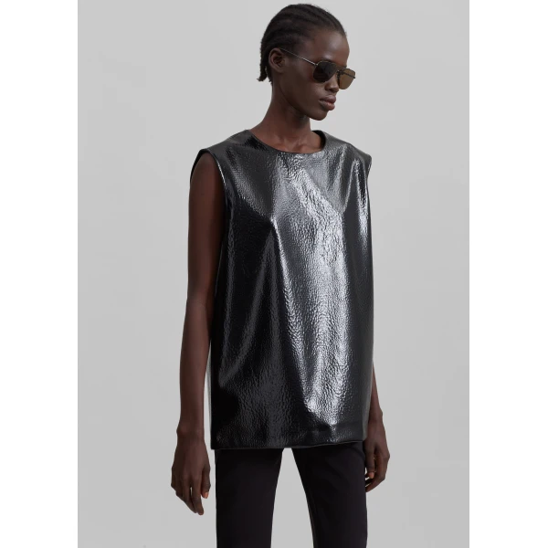 The Frankie Shop Amaris Crackled Faux Leather Tank Top – Black, view 3