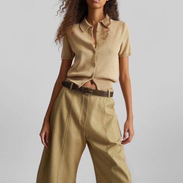 The Frankie Shop Amelot Knit Short Sleeve Cardigan - Beige - Oversized Minimalist Knitwear in Beige - Shop at Coveti