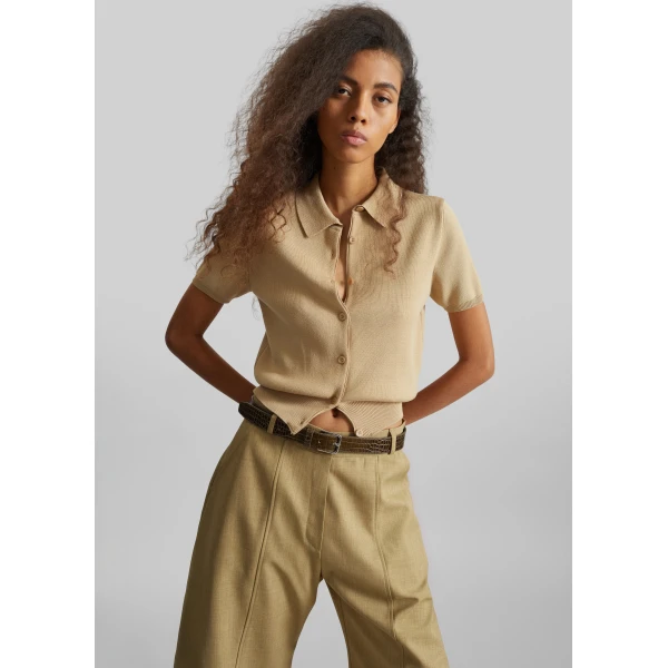 The Frankie Shop Amelot Knit Short Sleeve Cardigan – Beige, view 5