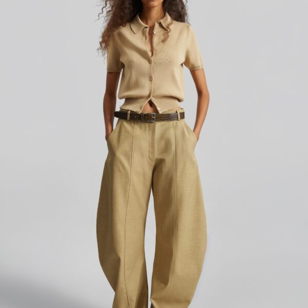 The Frankie Shop Amelot Knit Short Sleeve Cardigan - Beige - Oversized Minimalist Knitwear in Beige - Shop at Coveti