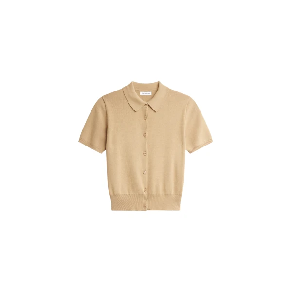 The Frankie Shop Amelot Knit Short Sleeve Cardigan - Beige - Oversized Minimalist Knitwear in Beige - Shop at Coveti