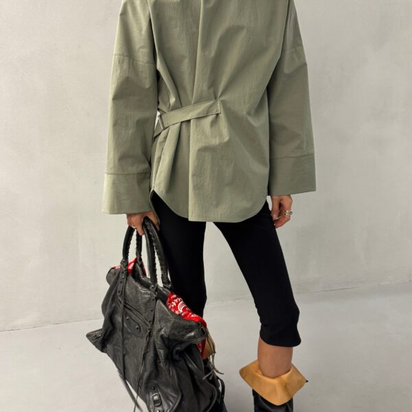 The Frankie Shop Ames Belted Top - Sage - Oversized Minimalist Tops in Green - Shop at Coveti