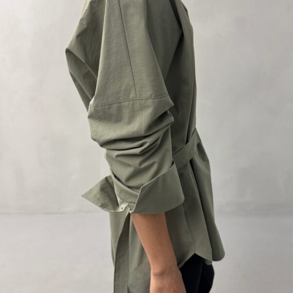 The Frankie Shop Ames Belted Top - Sage - Oversized Minimalist Tops in Green - Shop at Coveti