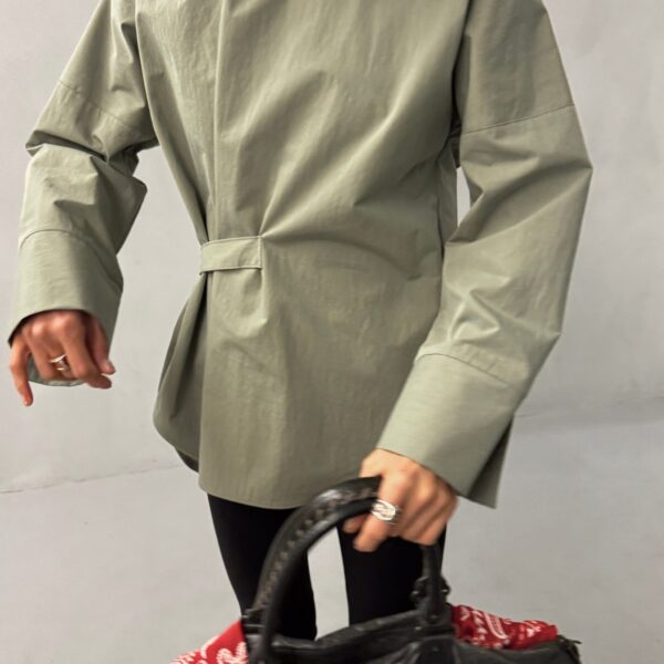 The Frankie Shop Ames Belted Top - Sage - Oversized Minimalist Tops in Green - Shop at Coveti